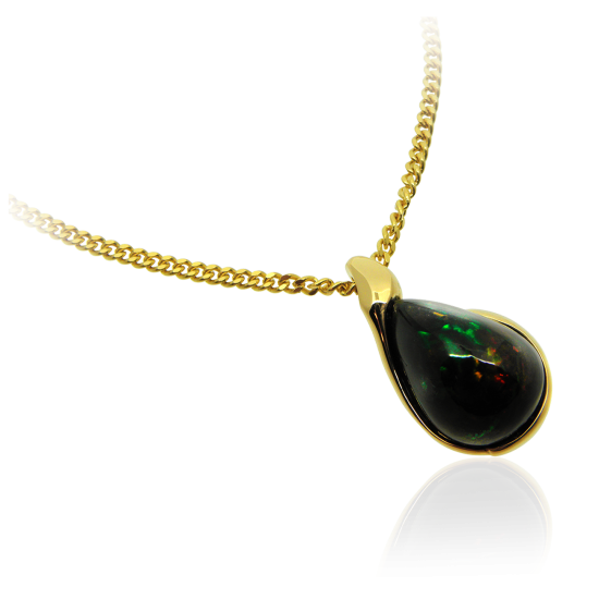 Halsschmuck, Anhänger, pendant, Halskette, Fassung, Gelbgold, yellow gold, opal, black opal, tropfen, drop, floral, design individual, organic, necklace, collier, halskette, panzerkette, curb chain, gold, goldschmiede, anfertigung, goldsmith, customize, gemstone, edelstein, schmuck, manufacture, atelier, faktor s, sahak, winterthur, zürich, zurich, swissmade, jewellery, jewelry