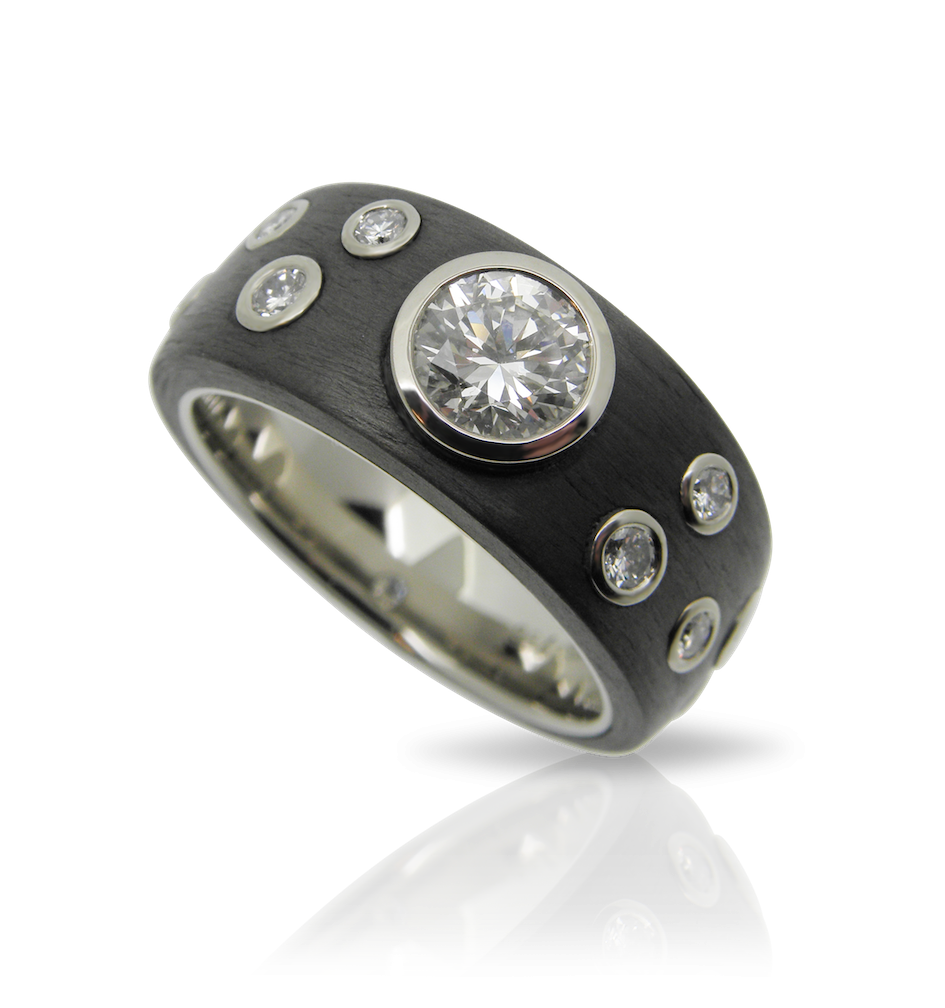 Diamantring, Damenring, Carbonschmuck, Diamantschmuck, Carbonring, Weissgold, Carbon, Brillanten, Diamanten, diamond ring, ladies ring, carbon ring, white gold, brilliant cut, goldsmith, goldschmiede, faktor s, sahak, winterthur, zürich, zurich, swissmade, jewellery, jewelry