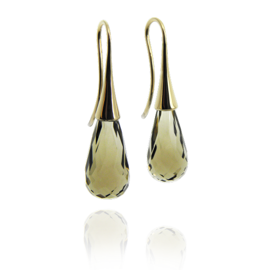 Ohrhänger, Ohrschmuck, Ohrringe, Gelbgold, Goldschmuck, Rauchquartz, Pampel, facettiert, briolet, schwanenhals, earrings, pendant, smoky quartz, drops, tropfen, yellow gold, classic, klassisch, design, goldschmiede, goldsmith, faktor s, sahak, winterthur, zürich, zurich, swissmade, jewellery, jewelry, manufacture, atelier