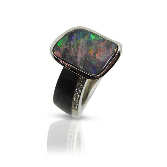 Damenring, Opalring, Cocktailring, Diamantring, Carbonring, carbonschmuck, Weisgold, boulderopal, opal, brillanten, diamanten, diamantschmuck, ladies ring, opal ring, diamond, brilliant cut, design, goldsmith, goldschmiede, manufacture, atelier, faktor s, sahak, winterthur, zürich, swissmade, jewellery, jewelry