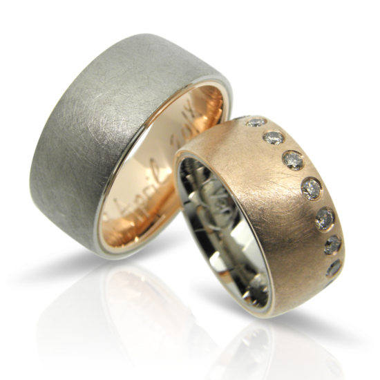 Trauringe, Eheringe, Alliance, Partnerrine, Memoire, Weissgold, Rotgold, Brillanten, Anfertigung, Goldschmied, Faktor S, Trauringschmiede, Trauringlounge, Winterthur, Zürich, wedding band, wedding ring, wedding, bicolour, alliance ring, diamond ring, briliant cut, fancy brown, wedding jewelry, goldsmith, sahak, zurich, swissmade, jewellery, jewelry, nieten, rivets, poliert, hochglanz