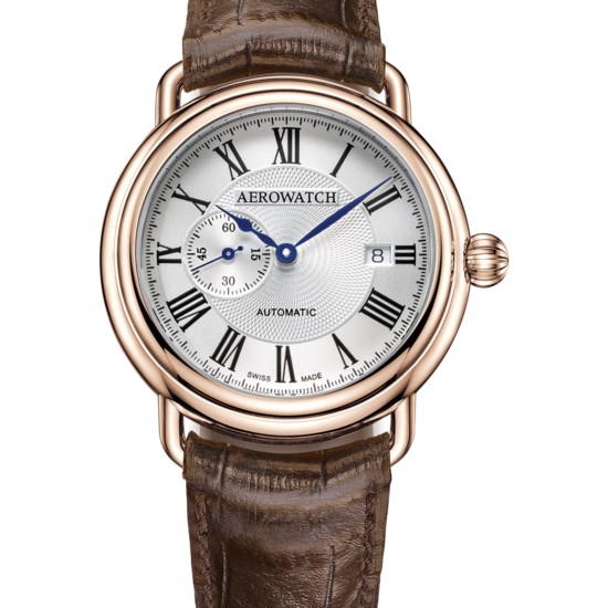 Aerowatch, 1942 Collection, Sekundenindex, Rosegold, PVD, Lederband, Herrenuhr, Quartz, 85939 AA09, Quartz, Sellita, Swissmade, Herrenuhr, Armbanduhr, Faktor S, Sahak, Jewellery, Zürich, Winterthur