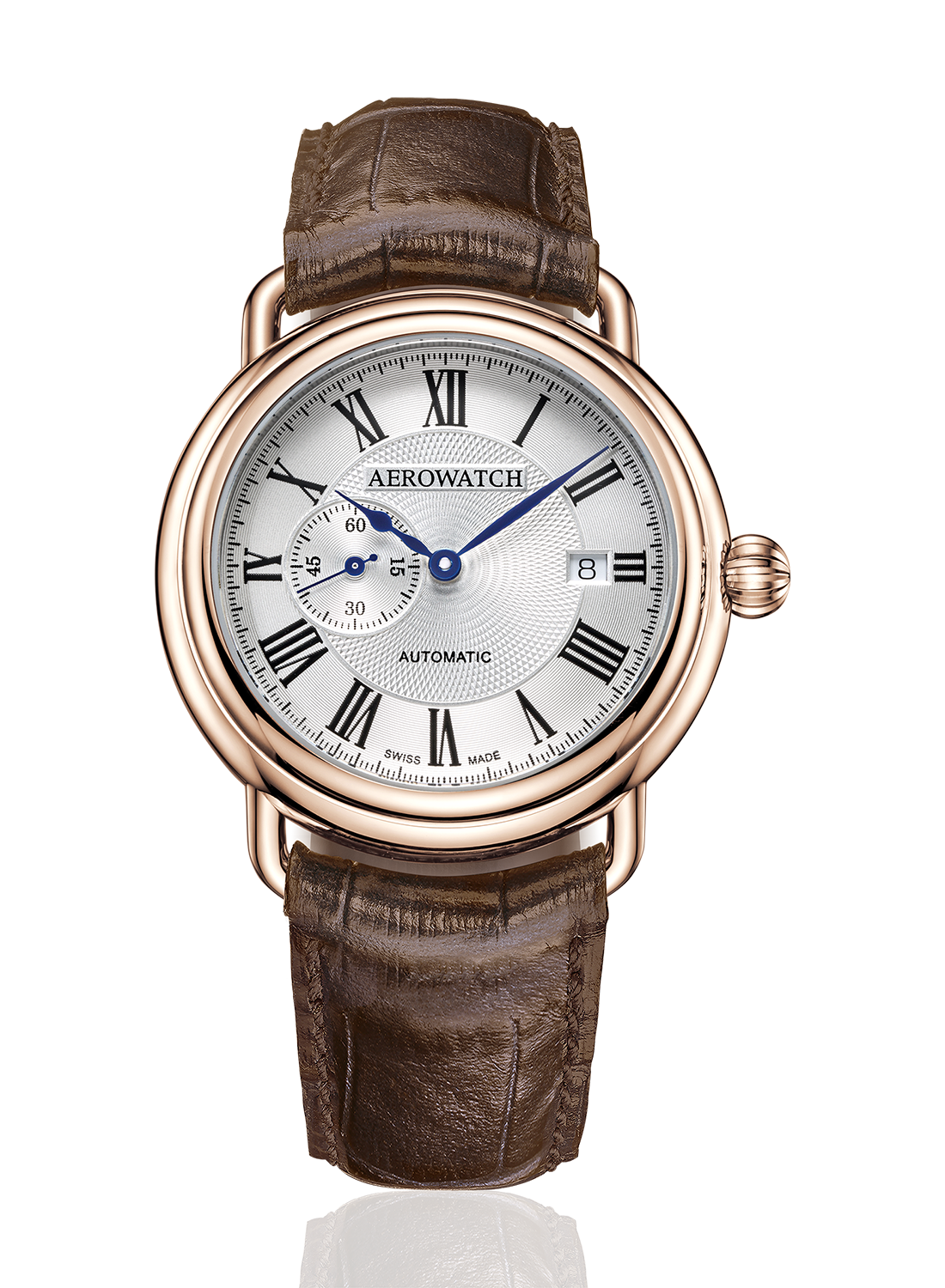 Aerowatch, 1942 Collection, Sekundenindex, Rosegold, PVD, Lederband, Herrenuhr, Quartz, 85939 AA09, Quartz, Sellita, Swissmade, Herrenuhr, Armbanduhr, Faktor S, Sahak, Jewellery, Zürich, Winterthur